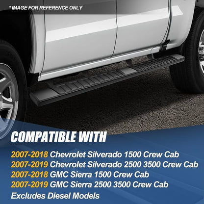 Auto Dynasty 6" Running Boards for Truck 2007-2019 Chevy Silverado GMC Sierra 1500 2500 3500 Crew Cab (Exclude Diesel), Aluminum Side Step Nerf Rail Bars, Black Powdercoated Bar