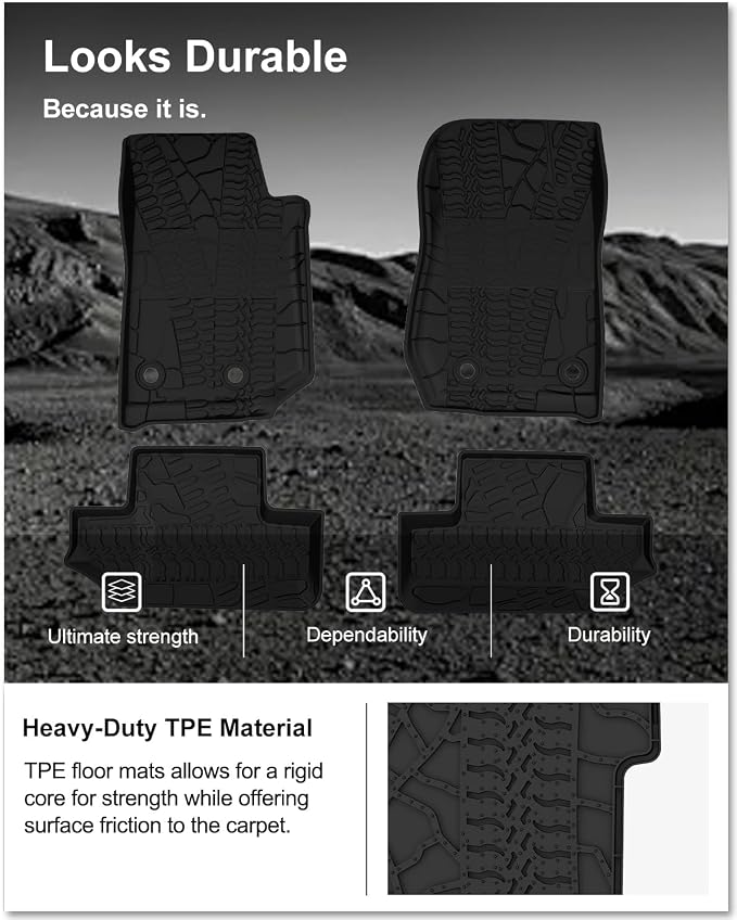 KIWI MASTER Floor Mats for 2014-2017 Jeep Wrangler JK 2-Door, Custom Fit All Weather Car Mats, Heavy Duty TPE Floor Liners, Front & Rear 2 Row, Black