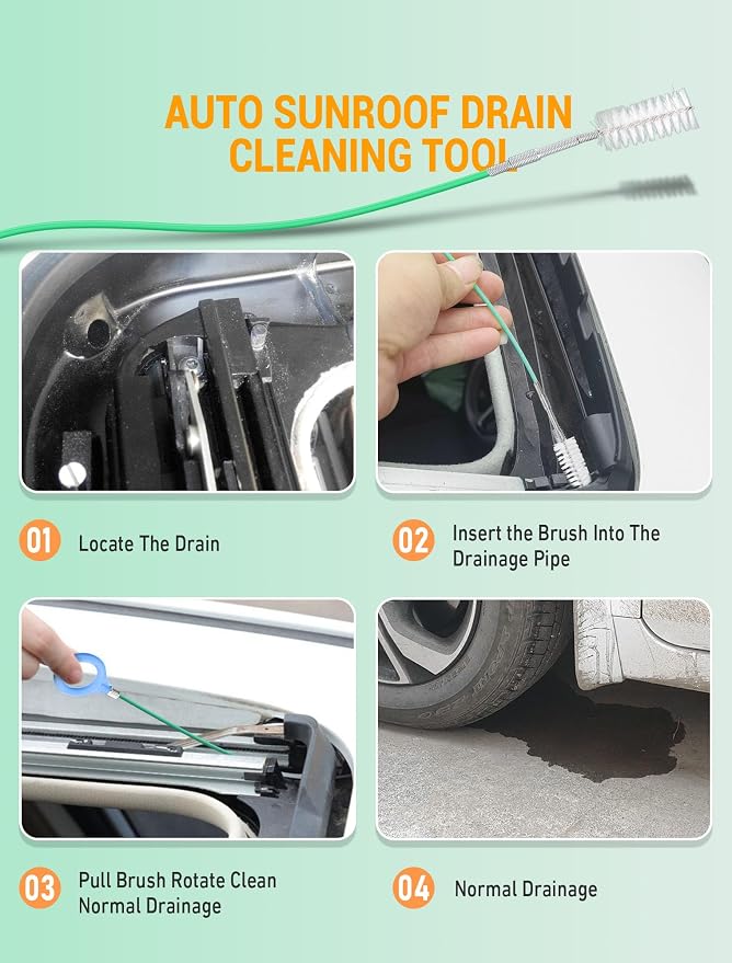 Auto Sunroof Cleaning Tool, 78 Inch Long Flexible Pipe Brush, Tube Cleaner Brush with 1 PC 7.9 Inch Drain Brush, Slim Drain Dredging Brush Perfect for Car Sunroof, Windshield Wiper Drain Hole