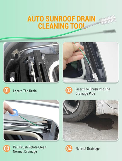 Auto Sunroof Cleaning Tool, 78 Inch Long Flexible Pipe Brush, Tube Cleaner Brush with 1 PC 7.9 Inch Drain Brush, Slim Drain Dredging Brush Perfect for Car Sunroof, Windshield Wiper Drain Hole