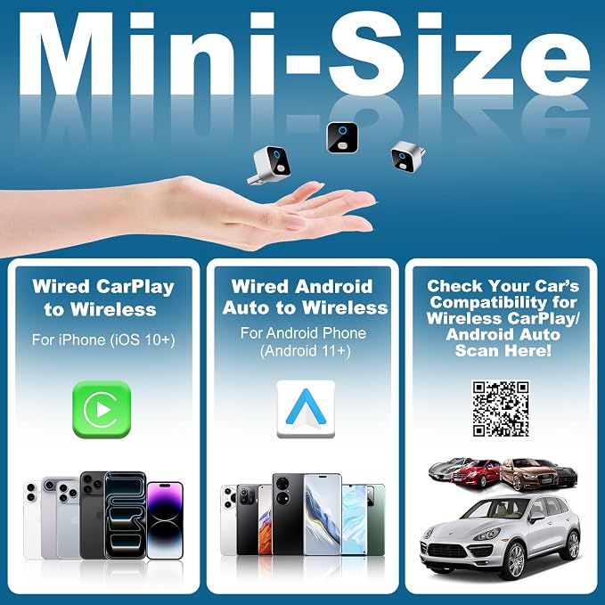 Wireless CarPlay & Android Auto Adapter, One-Click Switch Mini Size WiFi 6 & Bluetooth 5.4 Adapter, Fast Auto-Reconnect, Compatible with iOS 10+/Android 11+, for Factory Wired CarPlay Cars