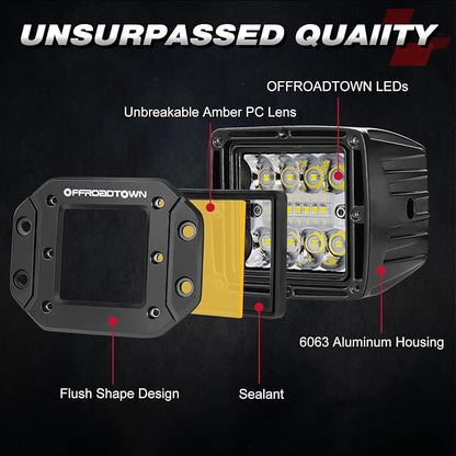Amber Flush Mount LED Pods, OFFROADTOWN 2pcs 5'' 78W LED Driving Work Lights Spot Flood Combo Fog Light Yellow Lights for Truck Offroad UTV ATV SUV 4x4 Car