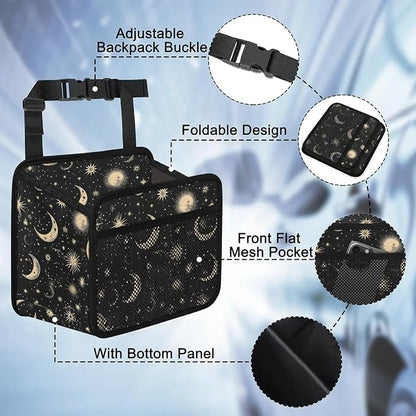 Car Backseat Organizer, PU Leather Back of Seat Car Hanging Organizer with Pockets Leakproof Car Garbage Bag Hanging Car Seat Storage Box Travel Accessories Foldable (Moon & Stars Black)
