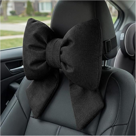 Cute Bow Car Headrest Pillow, Soft Comfortable Bow Auto Seat Pillow with Adjustable Strap, Breathable Ergonomic Neck Support Cushion Bowtie Decoration for Most Vehicles (Black)