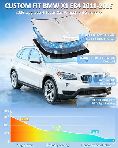 for BMW X1 E84 2011-2015 Windshield Sun Shade - 4 Layers Car Sunshades for Front Windows Shade Cover Custom Fit X1 E84 Sun Visor 250T Retractable Shade Blocks UV Rays Car Accessories