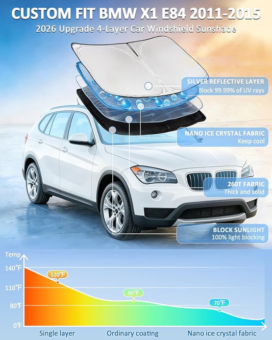 for BMW X1 E84 2011-2015 Windshield Sun Shade - 4 Layers Car Sunshades for Front Windows Shade Cover Custom Fit X1 E84 Sun Visor 250T Retractable Shade Blocks UV Rays Car Accessories