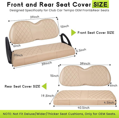 Full Set Golf Cart Seat Covers for Club Car Tempo OEM, Beige | Front & Rear Set (2-Piece), Premium Vinyl Leather Replacement Standard Cushion Covers, No Tools Needed & Easy to Clean