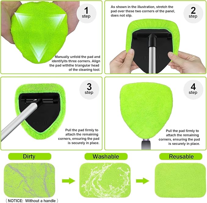 XINDELL 5 Pack Microfiber Pads – Replacement Heads Cover for Xindell Windshield Cleaner Tools. Washable & Reusable Triangle Pads (Green). Fits Window Reach Tool - Handle Not Included