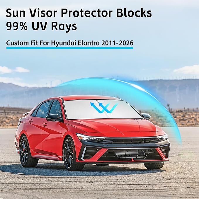 Windshield Sun Shade for Hyundai Elantra 2011-2026 Sunshade 300T Windshield Cover Blocks UV Rays Custom Fit Front Window Shades Windshield Accessories Keep Cool Foldable