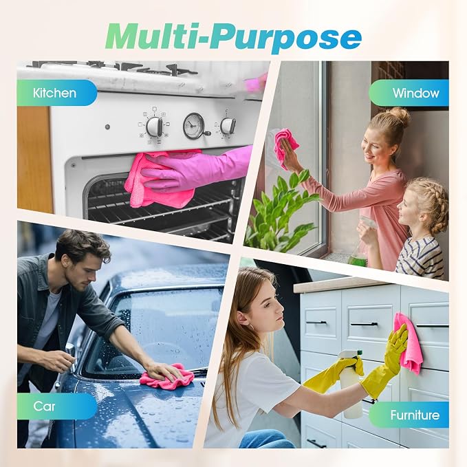 HOMEXCEL Pink Microfiber Cleaning Cloth, 24 Pack Absorbent Cleaning Rags, Lint-Free, Streak-Free Cleaning Towels for Car Kitchen House, 12"X11"
