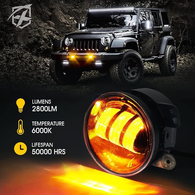 Xprite 4" Inch Amber LED Fog Light Compatible with 2007-2018 Jeep Wrangler JK JKU, Driving Offroad Foglights, DOT Approved Front Bumper Replacements Fog Lamps, Amber