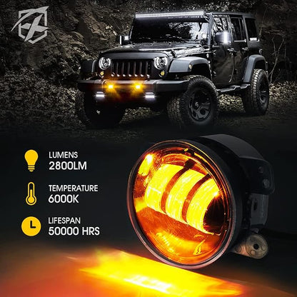 Xprite 4" Inch Amber LED Fog Light Compatible with 2007-2018 Jeep Wrangler JK JKU, Driving Offroad Foglights, DOT Approved Front Bumper Replacements Fog Lamps, Amber