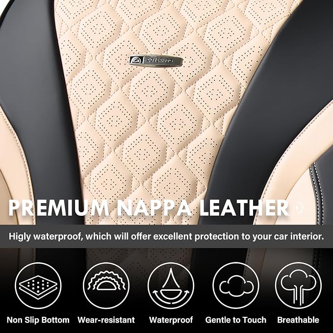Coverado Car Seat Covers, Seat Covers Full Set, Black Beige Car Seat Cover, Perforated Diamond Leather Seat Covers for Cars, Luxury Car Seat Cushion, Auto Seat Covers Universal Fit Most Cars