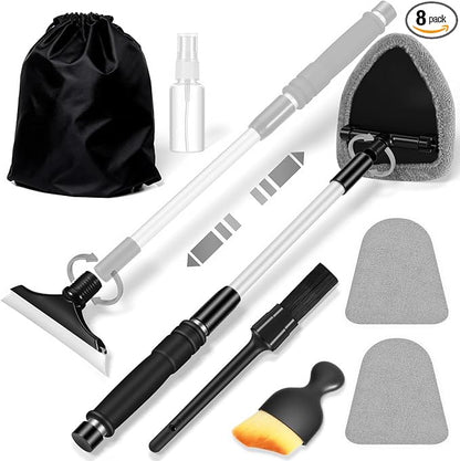 Gray Windshield Cleaner Tool, Car Interior Cleaning Kit with Extendable Handle and 3 Reusable Microfiber Pads, Auto Glass Wiper and Detailing Brush Kit for Car & Home Window