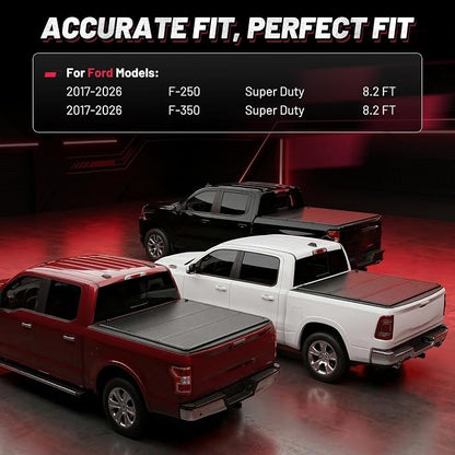 BDFHYK Hard Tri-Fold Tonneau Cover for Ford F-250 F-350 Super Duty 1999-2026 8.2 FT Long Bed, Waterproof Low Profile Truck Bed Cover with Anti-Theft Lock, Easy Install for Camping and Work Trucks