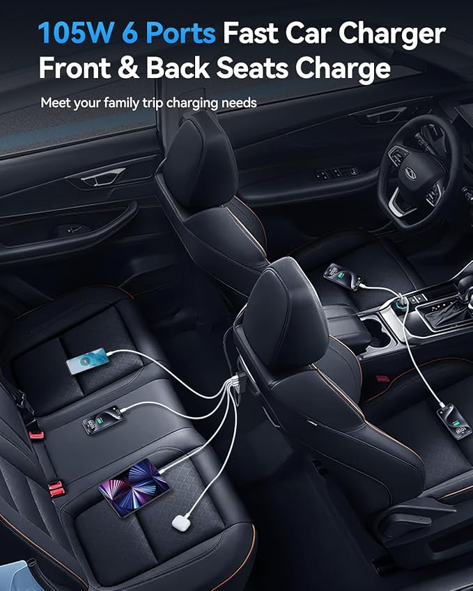 Rocoren 105W 6-Port Multiport Car Charger, PD Fast USB C Car Charger for Multiple Devices,Cigarette Lighter Adapter Car Travel Essentials for Road Trips with 5FT Cable,Car Accessories for iPhone 17/16