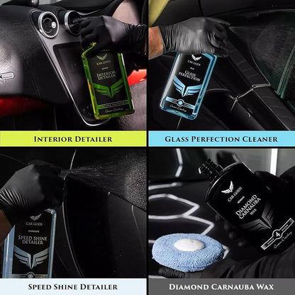 Collage of car care products including interior detailer, glass perfection cleaner, speed shine detailer, and diamond carnauba wax.