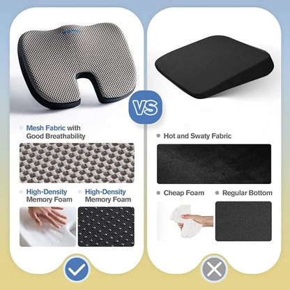 Mureon Office Chair Cushion - Large Memory Foam Ergonomic Chair Cushion for Back & Hip Pressure Relief - Non-Slip Seat Cushion for Car, Desk Chair & Tailbone Pain - Soft Support - Grey