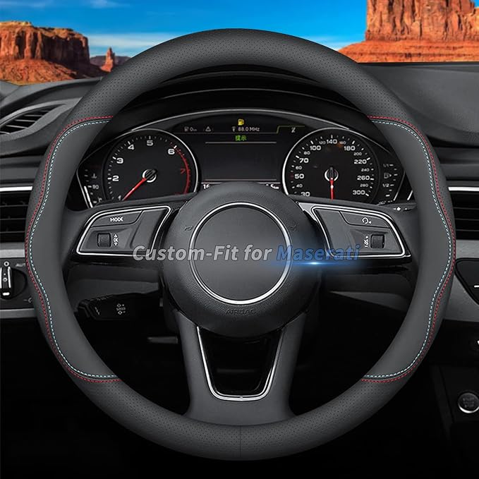 Custom-Fit for Maserati Steering Wheel Cover, Premium Leather Car Steering Wheel Cover with Logo, Non-Slip, Breathable, for Maserati Accessories (A-Style,for Maserati)