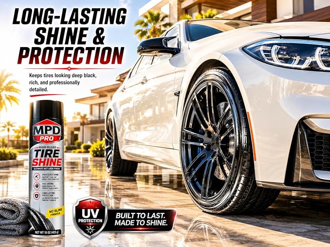 MPD PRO High Gloss Tire Shine Spray – Wet Look Finish, Fast Drying No Sling Formula, Long Lasting Tire & Trim Protection, Professional Automotive Detailing, 15 oz Aerosol (6-Pack)