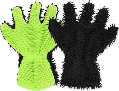 2PCS Car Wash Mitt, 5 Finger Chenille Microfiber Cleaning Mitt for Cars, Scratch-Free Auto Washing Gloves, Car Interior Exterior Cleaning Gloves, Great for Hard-to-Reach Areas (Black)