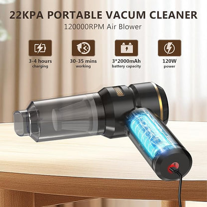 Cordless Handheld Car Vacuum, 22000Pa Strong Suction with Brushless Motor, HEPA Filter, Bonus Washable Metal Filter, 4-in-1 Kit with Air Blower, Type-C Rechargeable for Car Pet Home, Black