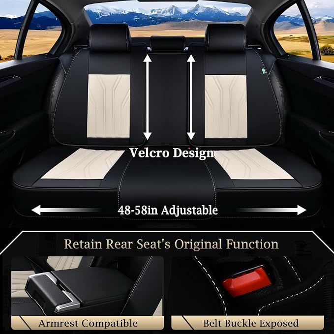 FLORICH Rear Automotive Seat Covers Leather Car Seat Covers Waterproof Back Seat Cover Universal Seat Cushion Protector for Most Cars Trucks SUV-Black&Beige