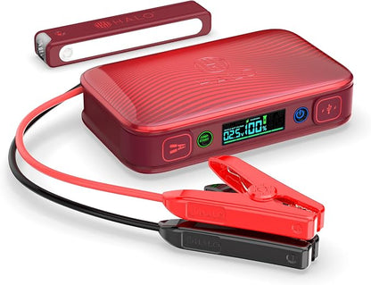 Halo Bolt PaL 1000 Portable Car Jump Starter | USB-A & USB-C Charger Ports, Digital Display, Powers Multiple Devices, Detachable Power Bank & Emergency Flashlight, Jumps Cars SUVs & Trucks — Red