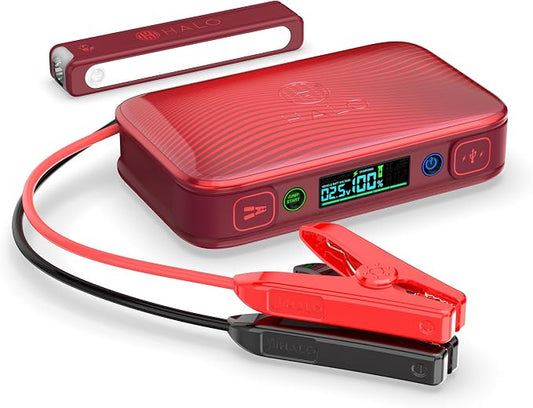 Halo Bolt PaL 1000 Portable Car Jump Starter | USB-A & USB-C Charger Ports, Digital Display, Powers Multiple Devices, Detachable Power Bank & Emergency Flashlight, Jumps Cars SUVs & Trucks — Red
