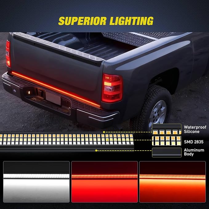 Nilight Truck Tailgate Light Strip 60" Aluminum FrameTriple Row Light Bar 1200 LED w/ Red Running Brake White Reverse Light Red Sequential Turn Signal