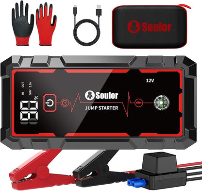 Jump Starter, Battery Jumper Starter Portable, Car Battery Jump Starter with 3 Modes Flashlight, Compass, Power Bank and Jumper Cable