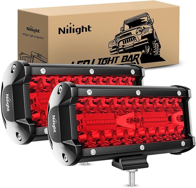 Nilight 6.5 Inch LED Light Pod Red Triple Row 2PCS 120W Flood Spot Combo Driving Fog Fishing Hunting Emergency Safety Signal Deck Trailer Lighting for UTV Pick-up Van Boat Tractor