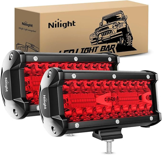 Nilight 6.5 Inch LED Light Pod Red Triple Row 2PCS 120W Flood Spot Combo Driving Fog Fishing Hunting Emergency Safety Signal Deck Trailer Lighting for UTV Pick-up Van Boat Tractor