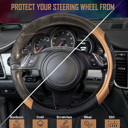 CAR PASS Line Rider Microfiber Leather Sporty 14.5-15 inch Steering Wheel Cover Universal Fits for 95% Truck,SUV,Cars, Anti-Slip Safety Comfortable Design (Black Beige)