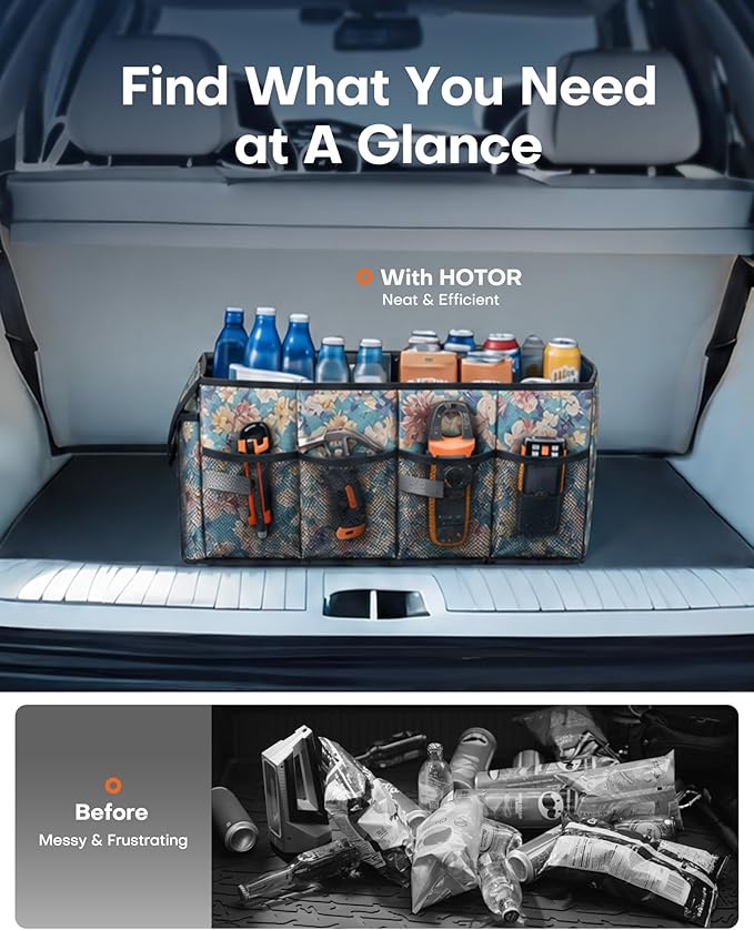 HOTOR Trunk Organizer- Car Organizer, Foldable Trunk organizer for SUVs & Sedans, Sturdy Car Organization for Car Accessories, Tools, Sundries, Blue Flower, 2 Compartments, 21.3"×12.6"×10.6"