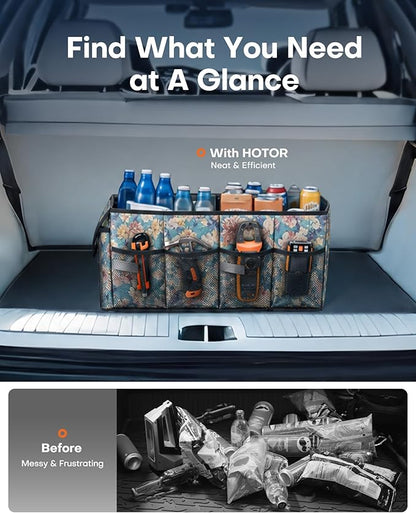 HOTOR Trunk Organizer- Car Organizer, Foldable Trunk organizer for SUVs & Sedans, Sturdy Car Organization for Car Accessories, Tools, Sundries, Blue Flower, 2 Compartments, 21.3"×12.6"×10.6"