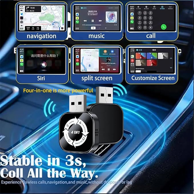 4 in 1 Wireless CarPlay Adapter 2026 Upgraded,4 in 1 Screen Mirroring Support AirPlay/Mirror Link for iPhone & Android, Mini Design, Bluetooth 5.0, USB & USB-C, Plug & Play, Wired to Wireless Convert
