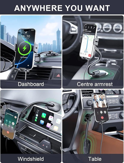 MOKPR Wireless Car Charger, Adjustable Gooseneck Car Mount Auto-Clamping Car Charger, Dashboard [with Anti Shake stabilizer] Phone Holder fit for iPhone 17 16 15 14 13 12, Samsung S24 S23 S22, etc
