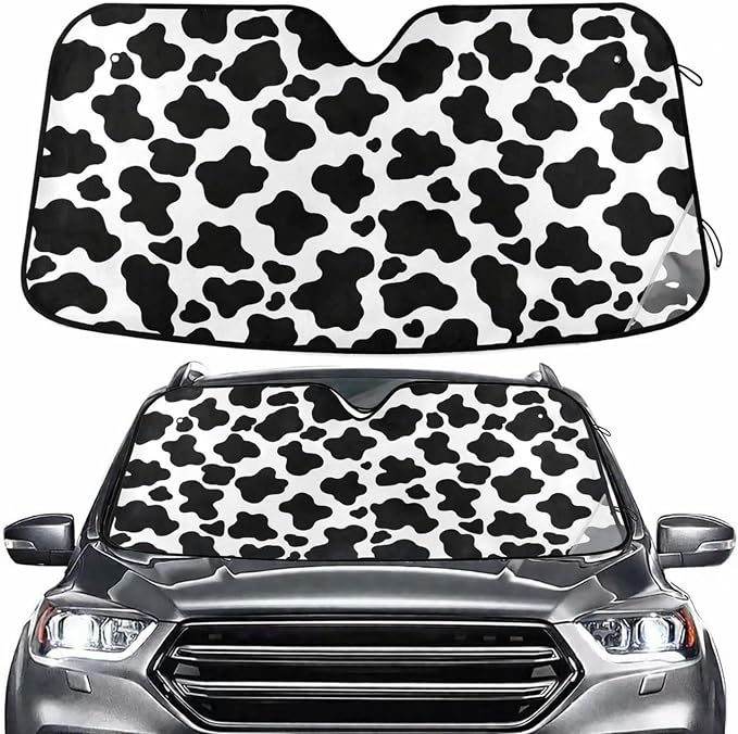 White Black Cow Print Windshield Sun Shade for Car Auto SUV Truck Foldable Front Window Sunshade Sun Visor Protector Block UV Rays Reflect Heat, 55" x 28"