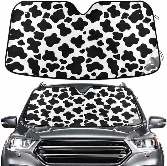 White Black Cow Print Windshield Sun Shade for Car Auto SUV Truck Foldable Front Window Sunshade Sun Visor Protector Block UV Rays Reflect Heat, 55" x 28"