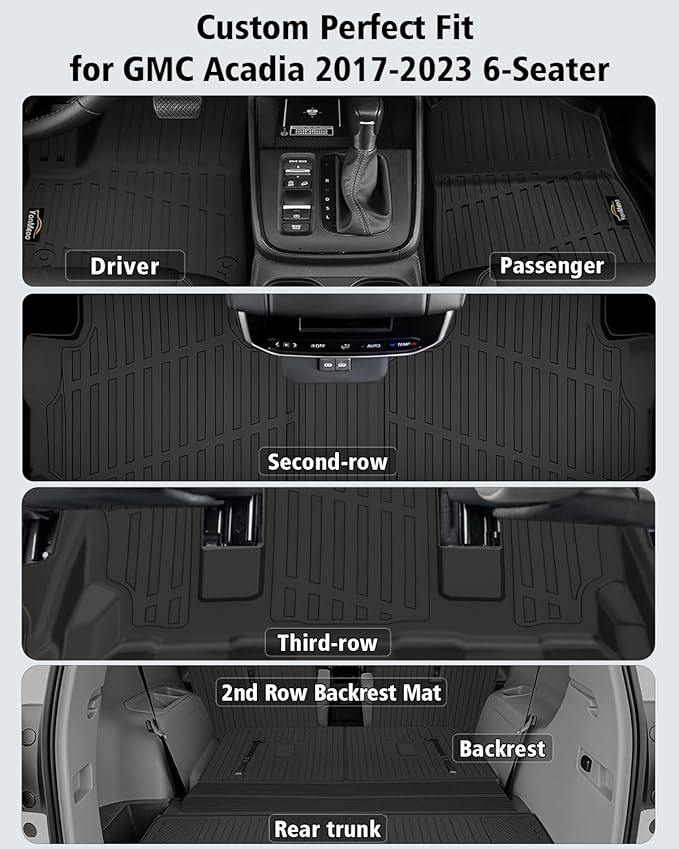 Floor Mats Custom for GMC Acadia 6 Seats 2017-2023 TPE All Weather Cargo Liner with Backrest Mat, 2nd Row Seat Back Protector & Door Sill Guards for Acadia Accessories, Black