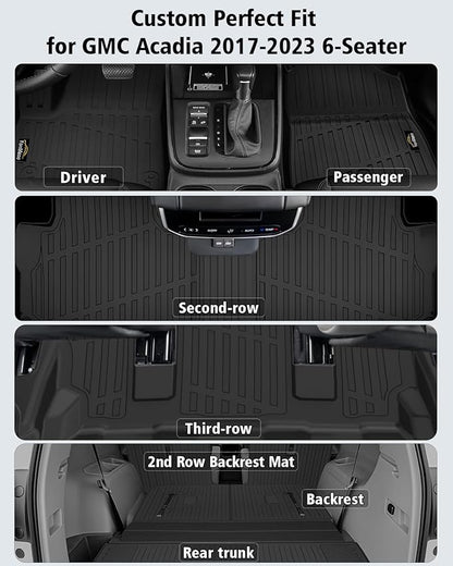Floor Mats Custom for GMC Acadia 6 Seats 2017-2023 TPE All Weather Cargo Liner with Backrest Mat, 2nd Row Seat Back Protector & Door Sill Guards for Acadia Accessories, Black