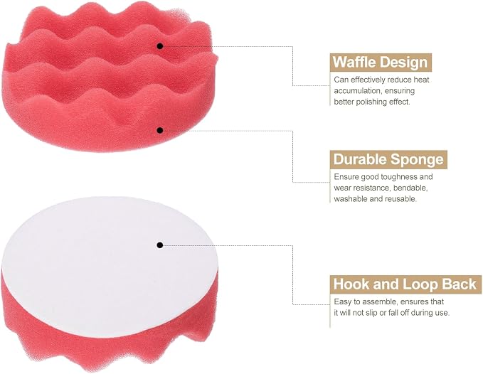 HARFINGTON 3pcs Buffing Sponge Pads 4" Polishing Wheel Waffle Finishing Grip Pad Car Buffer Polisher with Hook and Loop Back for Car Detailing Polishing Waxing, Red