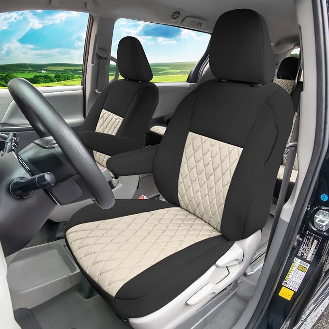 FH Group Custom Fit Car Seat Covers Specifically Made for Toyota Sienna 2011-2020, Car Seat Cover Full Set, 8 Seater Automotive Seat Covers in Beige Neoprene, Waterproof and Washable Seat Covers