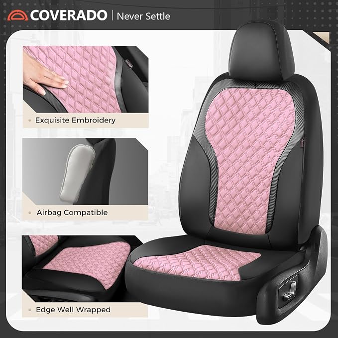 Coverado Car Seat Covers Full Set, Pink Car Seat Covers, Luxury Leather Car Seat Cover with Carbon Fiber Textured Design, Spill-Proof Seat Cushions, Automotive Seat Cover Universal Fit Most Cars