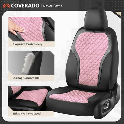 Coverado Seat Covers Front Seats, 2-Pack Luxury Diamond Leather Car Seat Cover, Sports Carbon Fiber Design Waterproof Car Seat Protector, Black Pink Automotive Seat Covers Universal Fit Most Cars