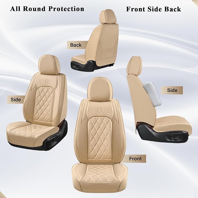 Coverado Car Seat Covers Full Set, Luxury Faux Leather Waterproof Seat Cover, 5 Seat Universal Seat Covers for Cars, Front and Back Car Seat Protector, Beige Leather Seat Cover Fit for Most Cars