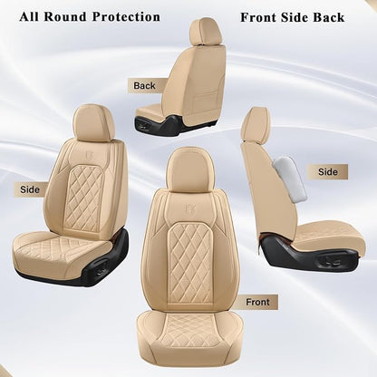 Coverado Car Seat Covers Full Set, Luxury Faux Leather Waterproof Seat Cover, 5 Seat Universal Seat Covers for Cars, Front and Back Car Seat Protector, Beige Leather Seat Cover Fit for Most Cars