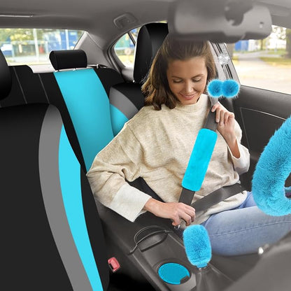 ROCEEI 43 Pcs Car Seat Cover Full Set for Women Christmas Fuzzy Car Accessories Fluffy Steering Wheel Cover Front Rear & Belt Handbrake Shift Accessory for Winter (Lake Blue)