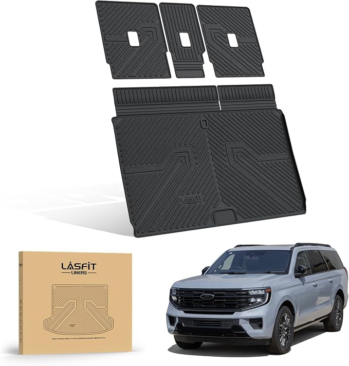 LASFIT Floor Mat with Backrest Mat Ford Expedition Max & Lincoln Navigator L 2025 2026 2027(fit 7 and 8 Seats),Costom Fit All Weather Protection TPE Easy Clean Cargo Liners,4pcs,Black